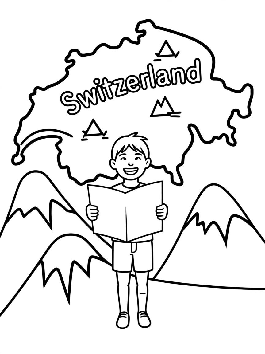 A happy child with a map of Switzerland and mountains.