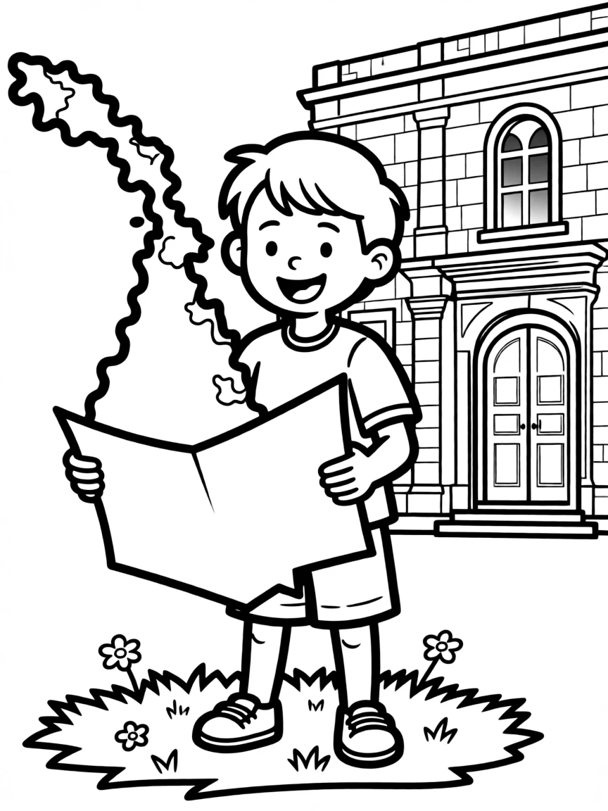 A cheerful child with a map of Malta and a historic building.