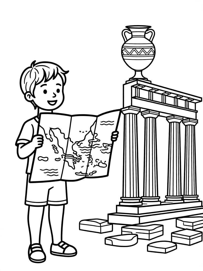A child with a map of Greece and ancient ruins.