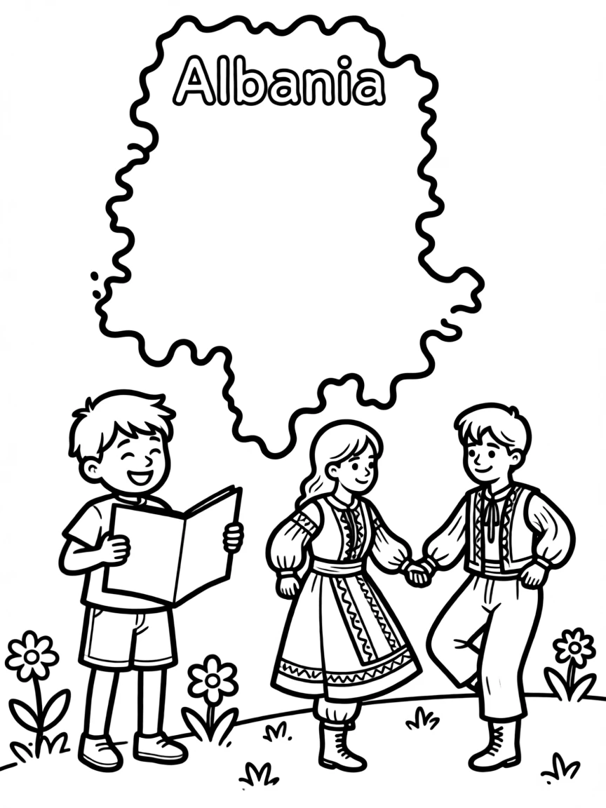 A happy child with a map of Albania and a traditional dance.