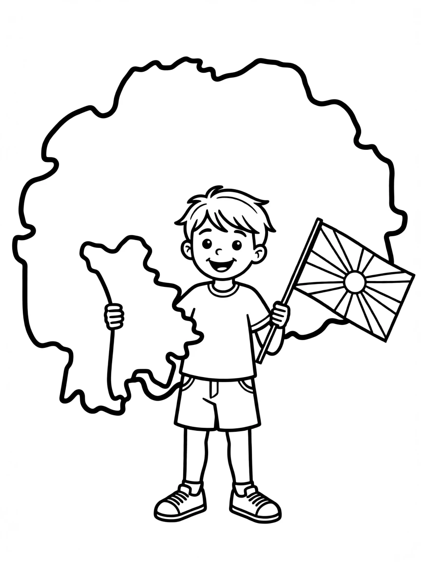 A cheerful child with a map of North Macedonia and a flag.