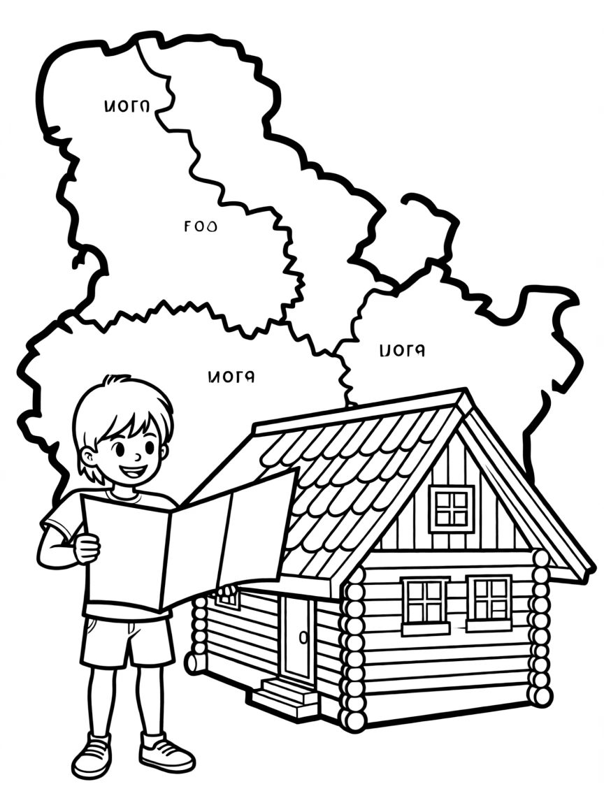 A child with a map of Serbia and a traditional building.