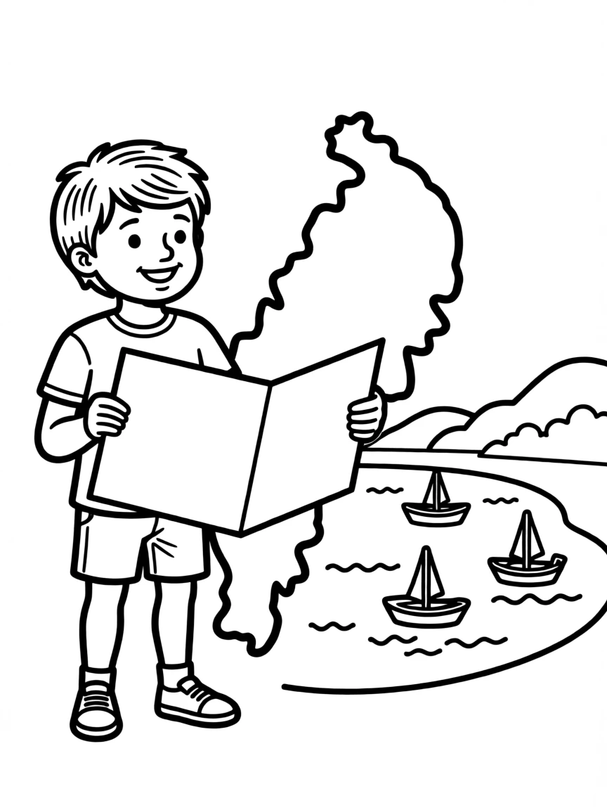 A smiling child with a map of Montenegro and a bay.