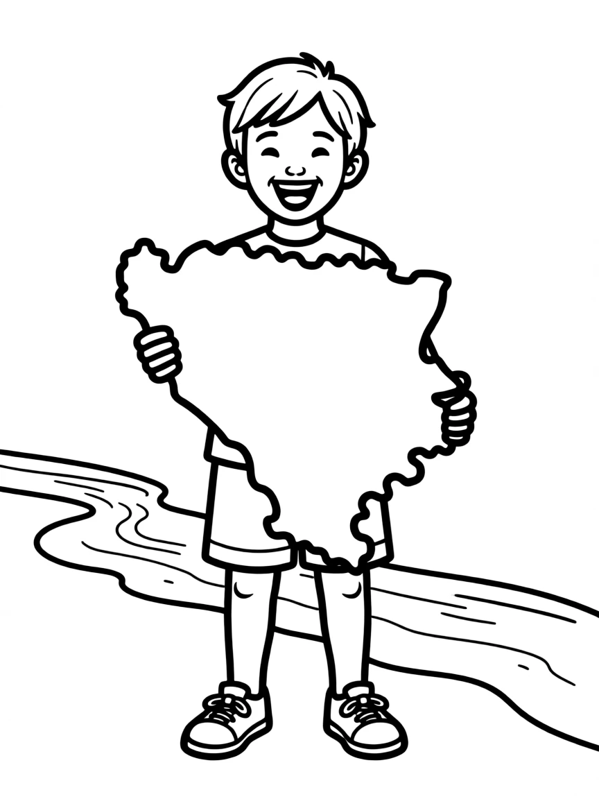 A happy child with a map of Bosnia and Herzegovina and a river.