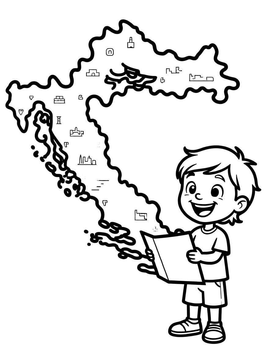 A cheerful child with a map of Croatia and a coastline.