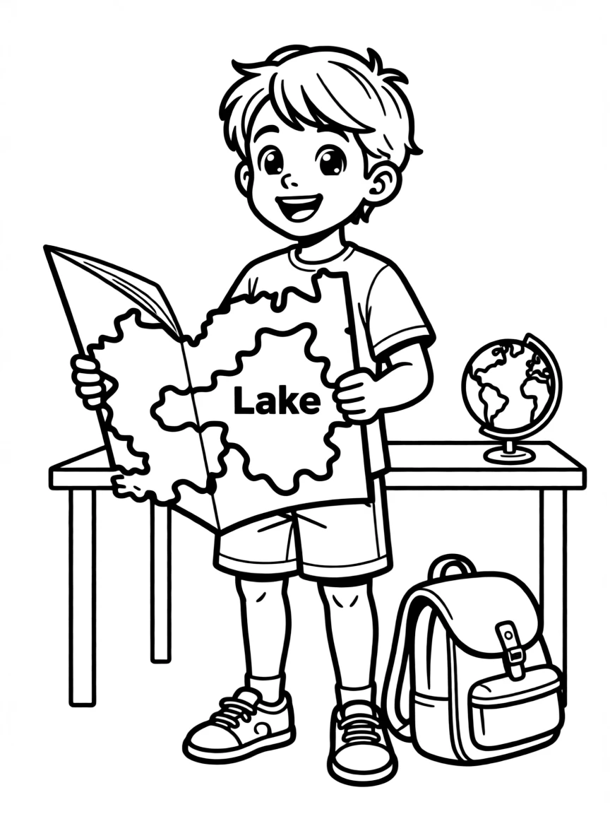 A child with a map of Slovenia and a lake.