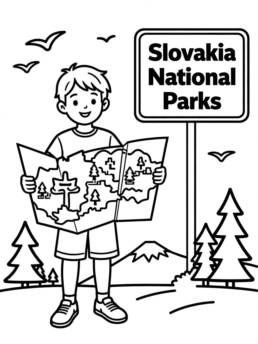 A smiling child with a map of Slovakia and a national park.