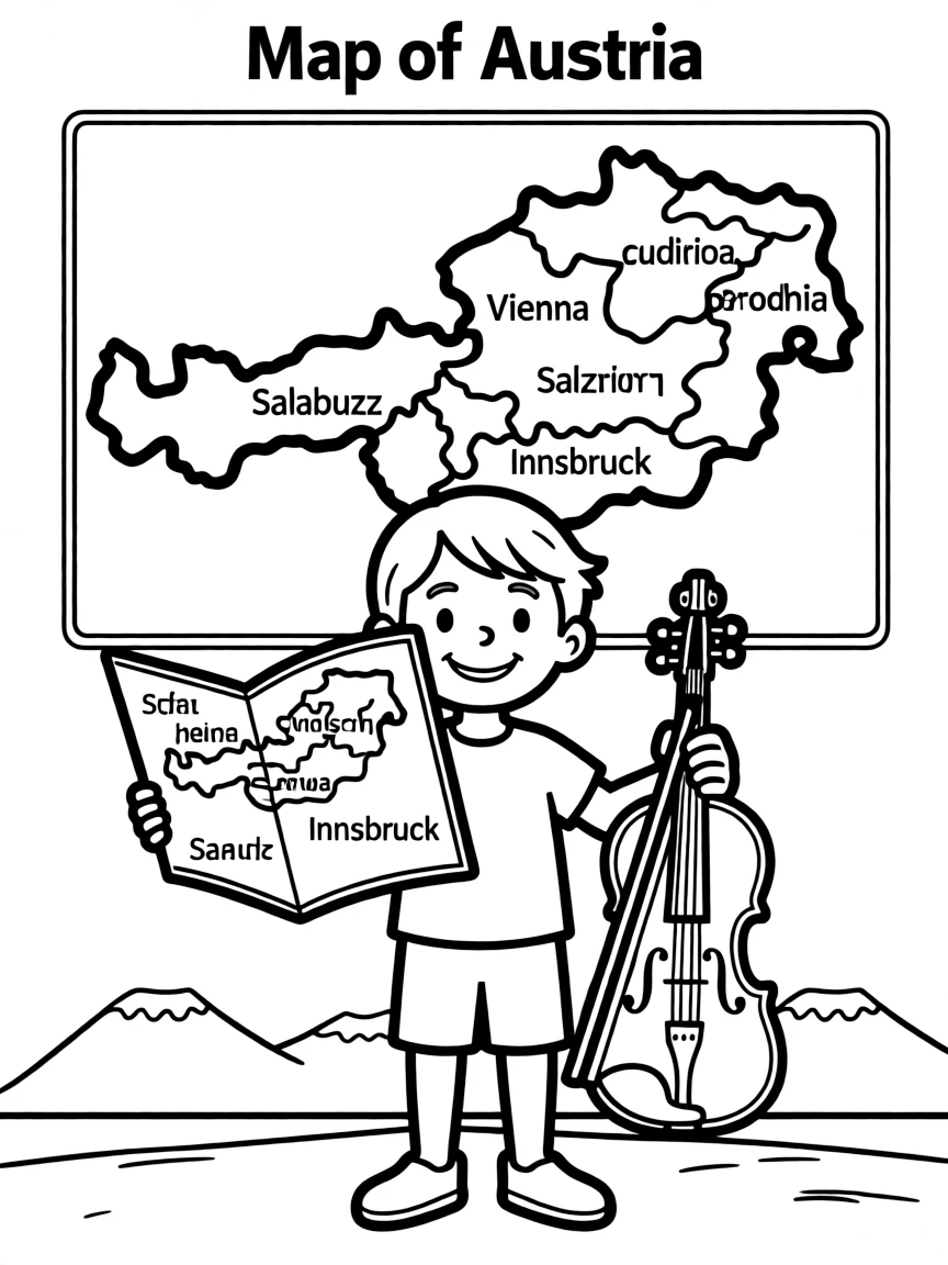 A cheerful child with a map of Austria and a classical music instrument.