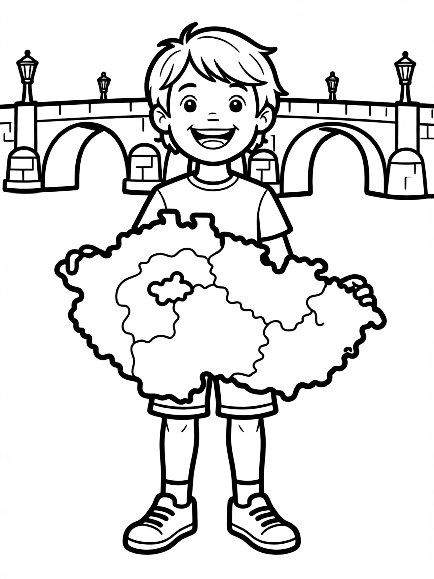 A happy child with a map of Czech Republic and a historic bridge.