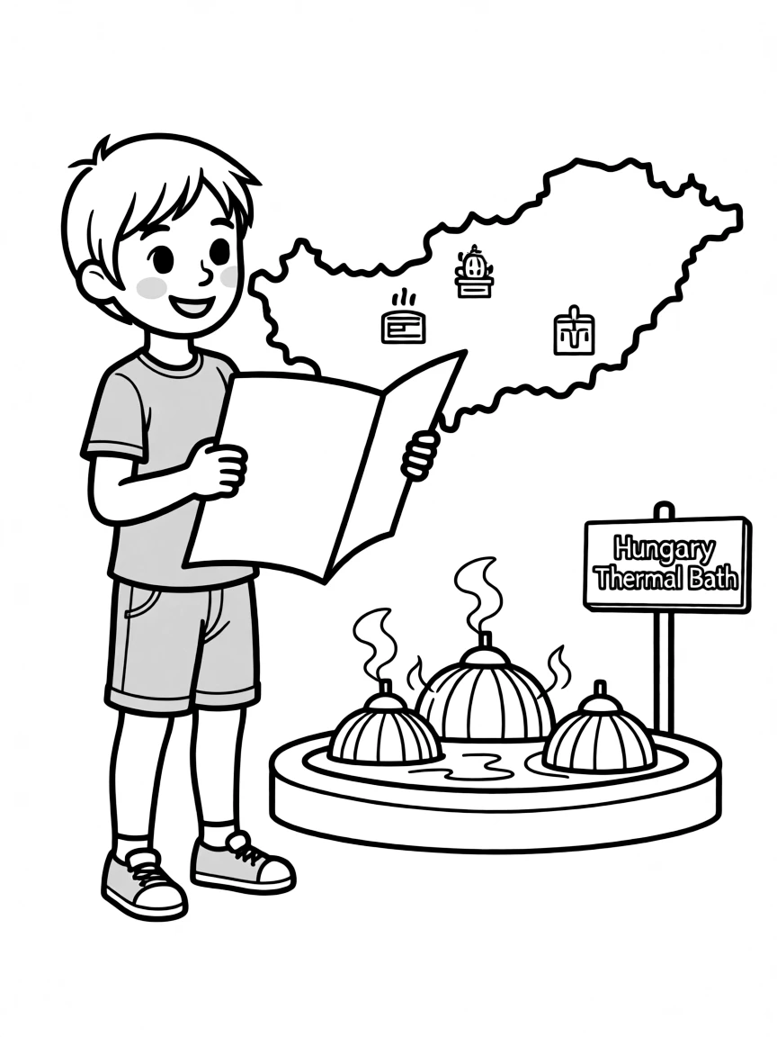 A child with a map of Hungary and a thermal bath.