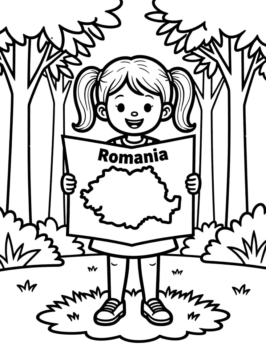A smiling child with a map of Romania and a forest.