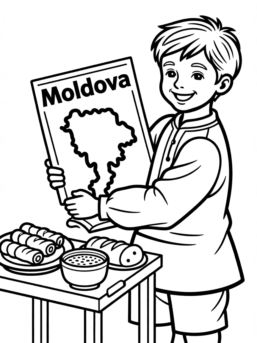 A happy child with a map of Moldova and a traditional meal.