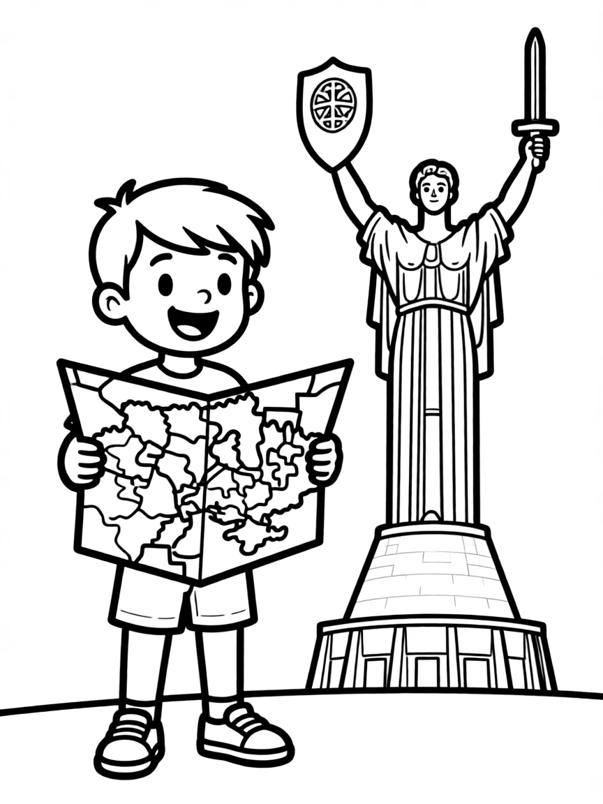 A cheerful child with a map of Ukraine and a national monument.