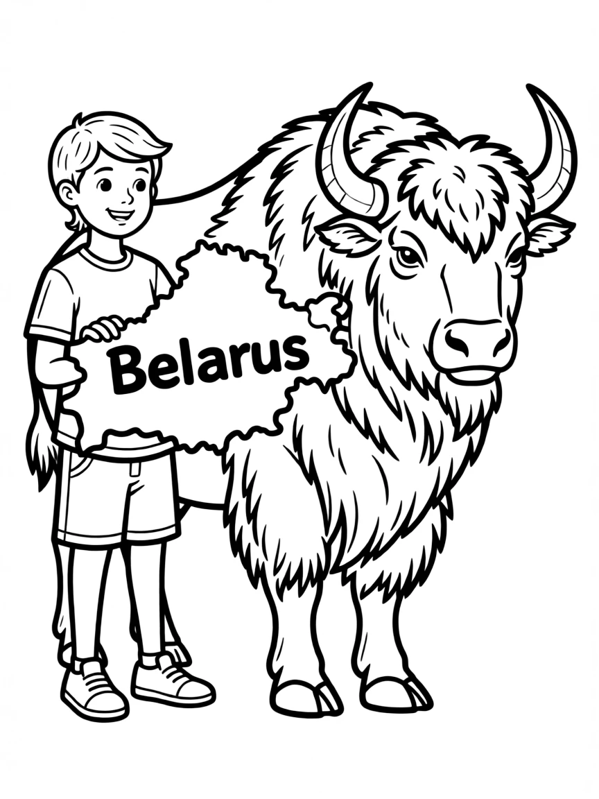 A child with a map of Belarus and a bison.