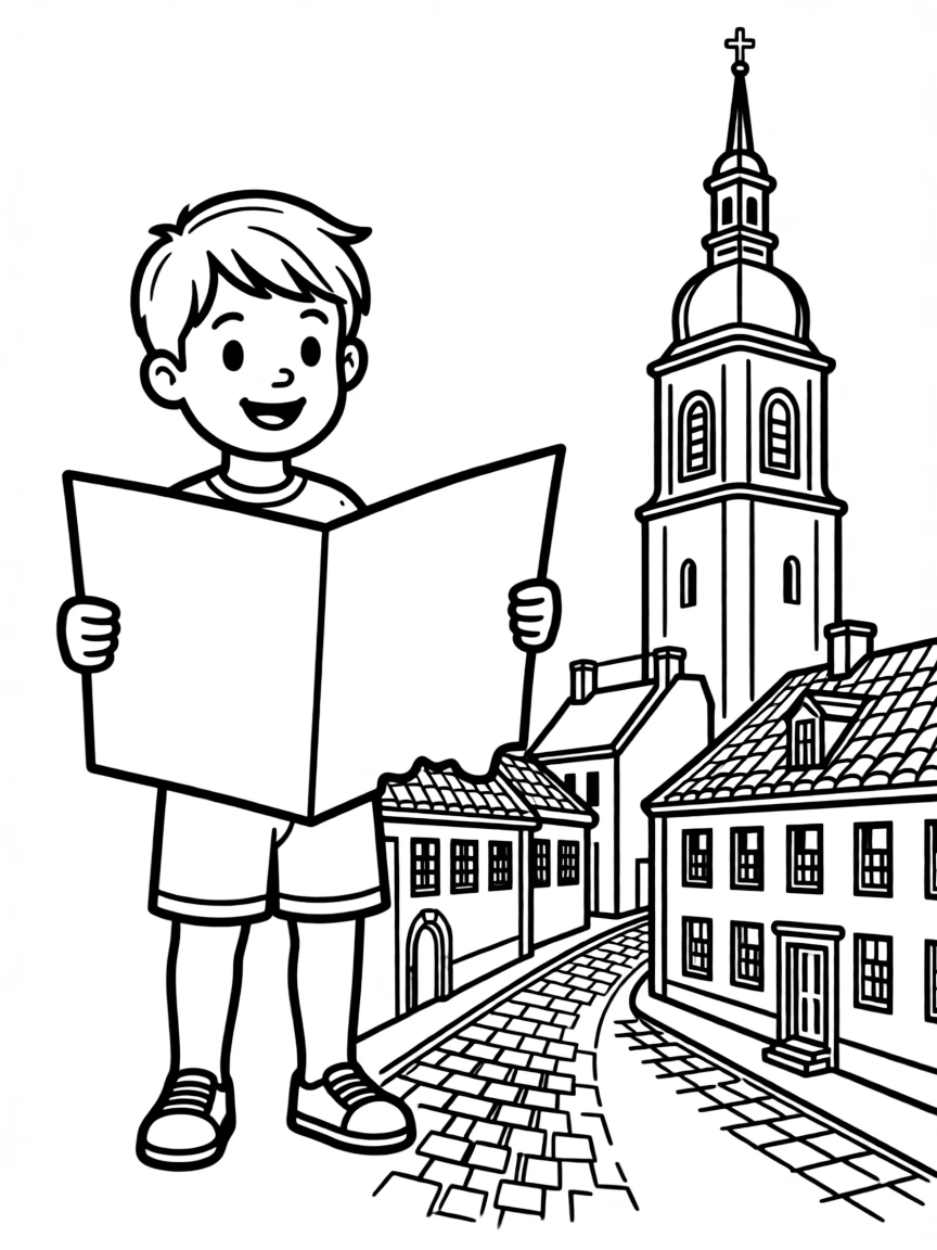 A smiling child with a map of Lithuania and a historic city.
