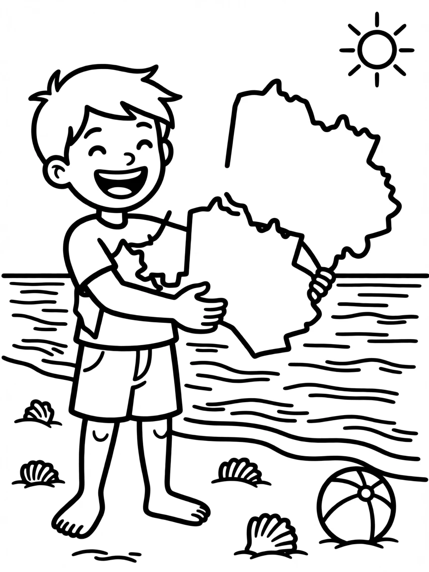 A happy child with a map of Latvia and a beach.