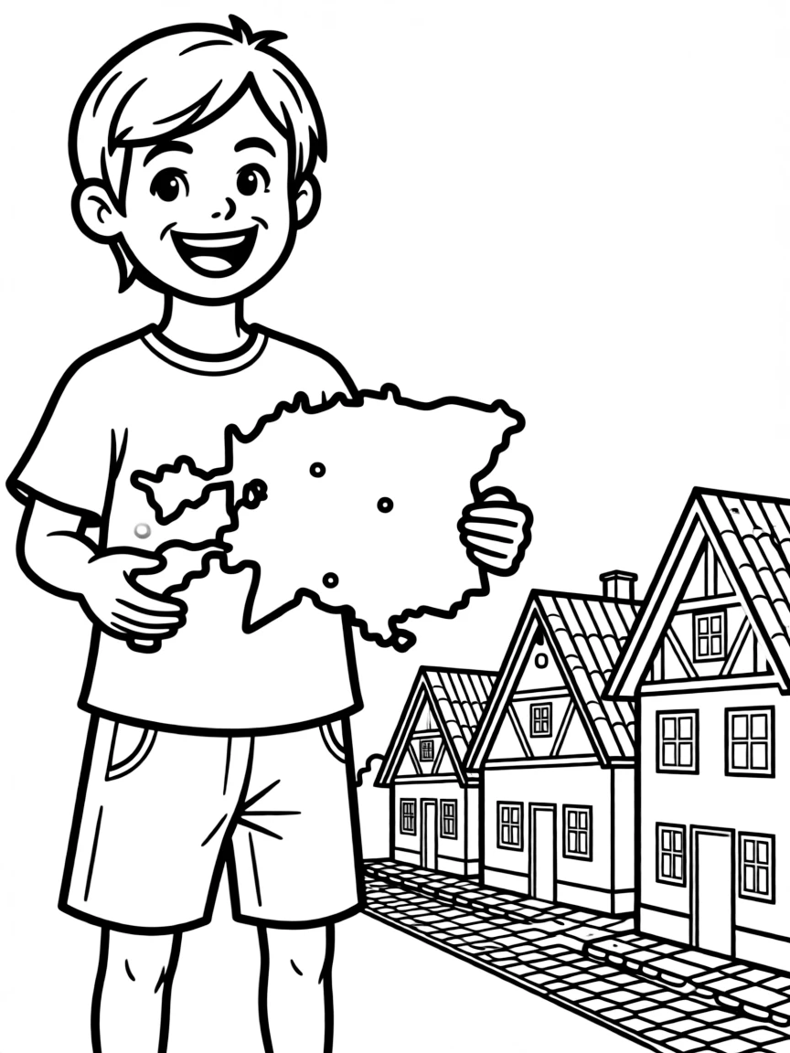 A cheerful child with a map of Estonia and an old town.