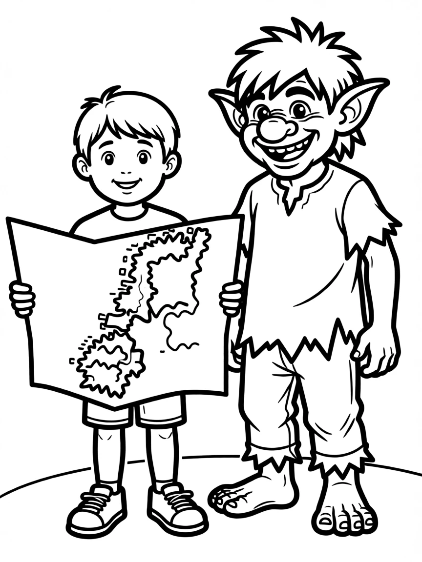 A happy child with a map of Norway and a troll.