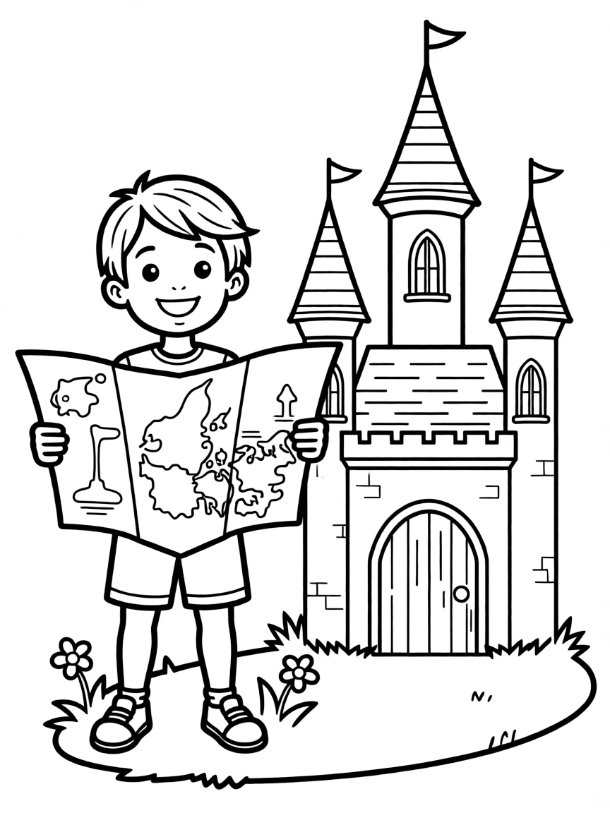 A cheerful child with a map of Denmark and a fairytale castle.