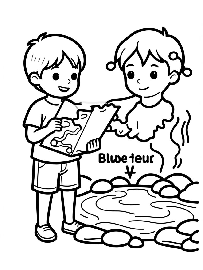 A child with a map of Iceland and a blue lagoon.