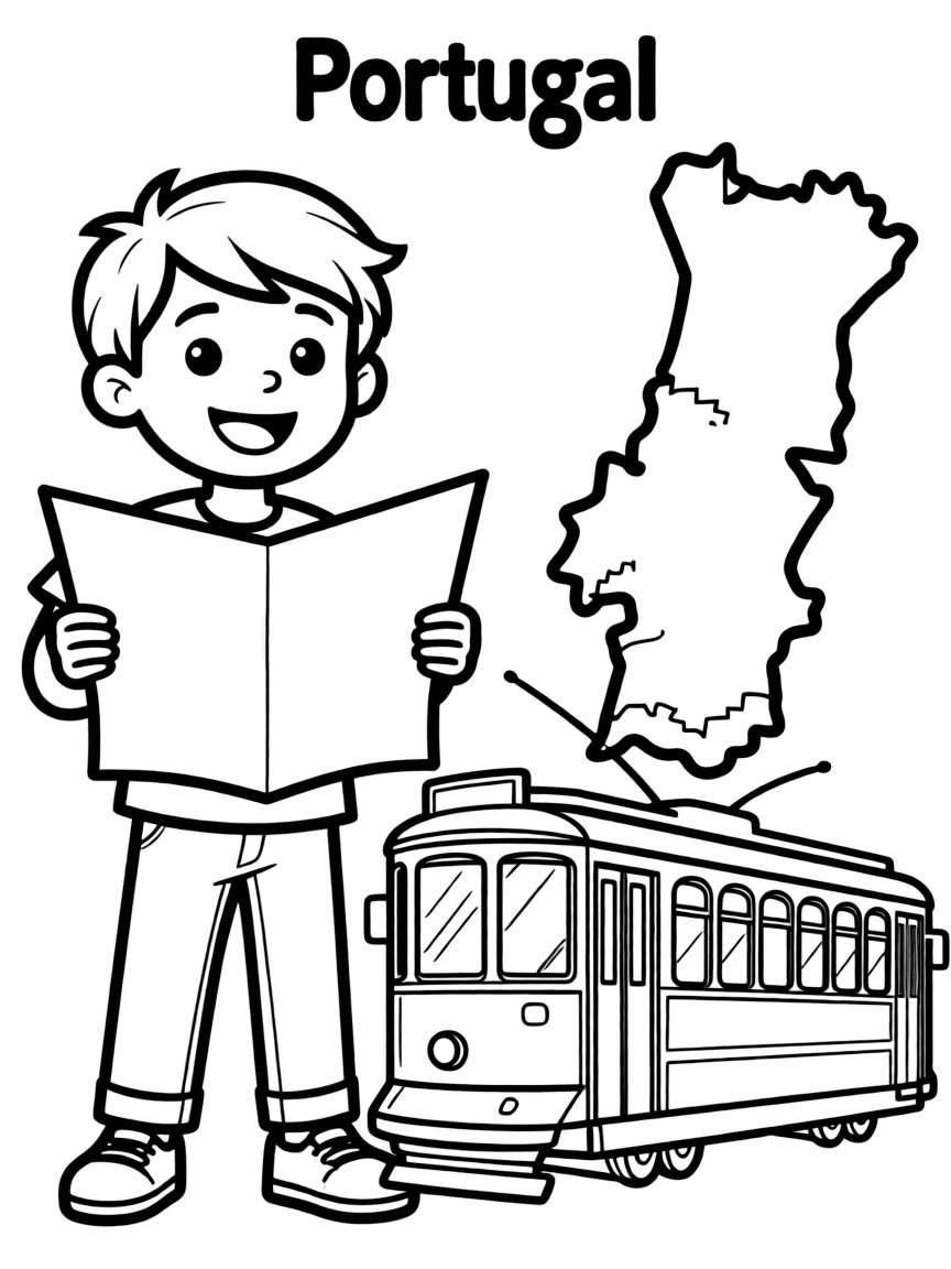 A cheerful child with a map of Portugal and a tram.
