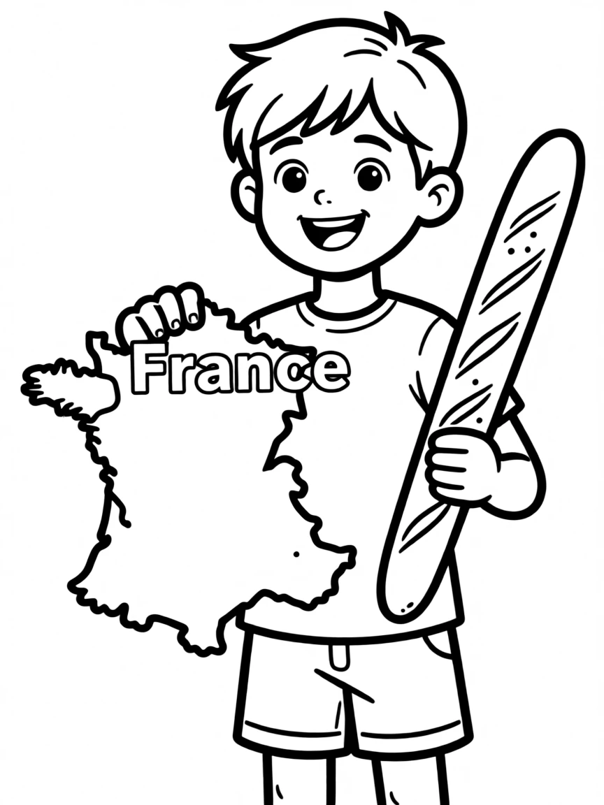 A smiling child with a map of France and a baguette.
