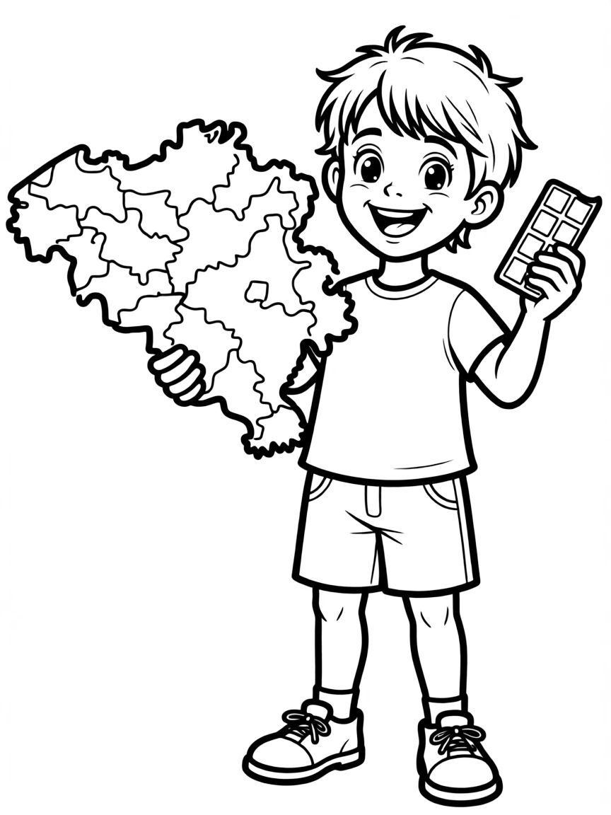 A happy child with a map of Belgium and a chocolate.
