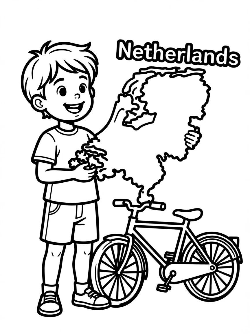 A cheerful child with a map of Netherlands and a bicycle.