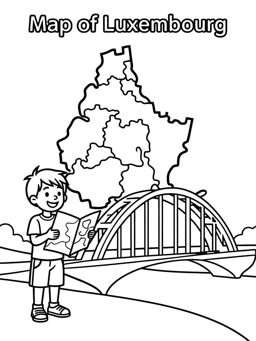 A child with a map of Luxembourg and a bridge.