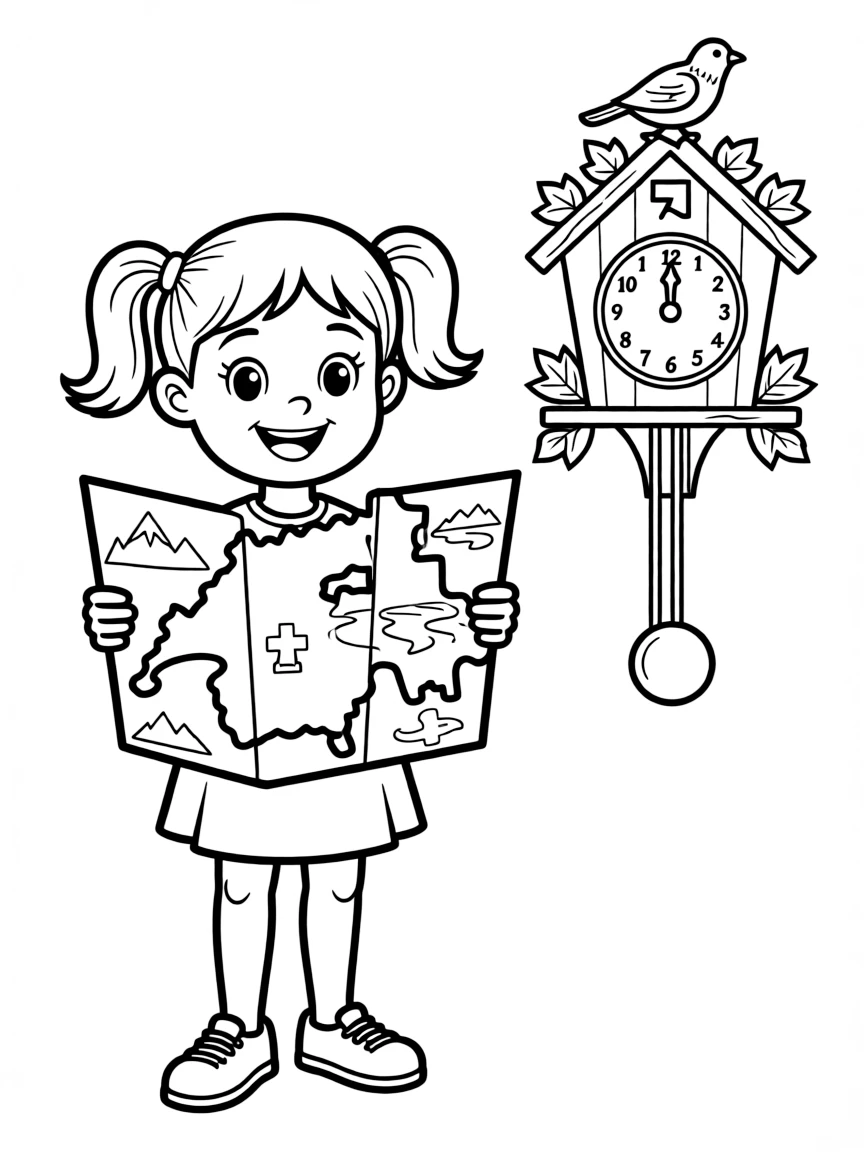 A smiling child with a map of Switzerland and a cuckoo clock.