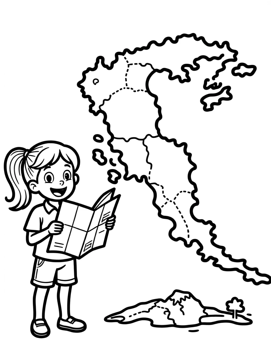 A cheerful child with a map of Greece and an island.