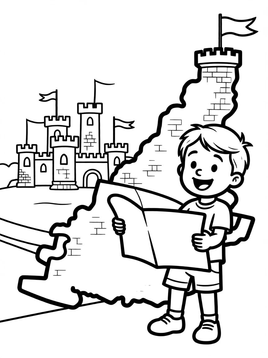 A smiling child with a map of San Marino and a castle.