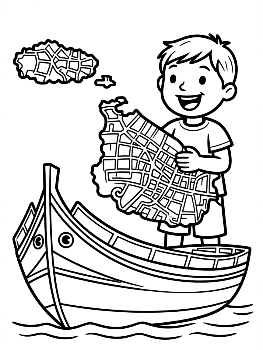 A cheerful child with a map of Malta and a traditional boat.