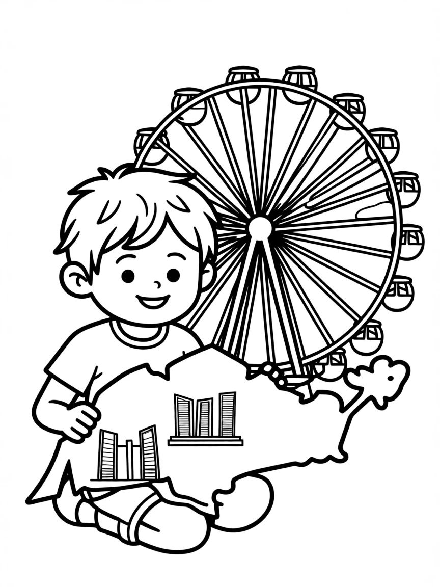 A child with a map of Singapore and a Ferris wheel.
