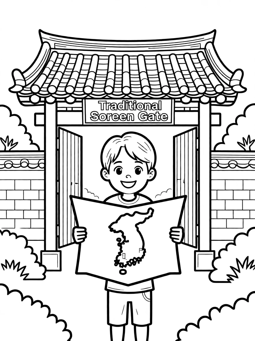 A smiling child with a map of South Korea and a traditional gate.