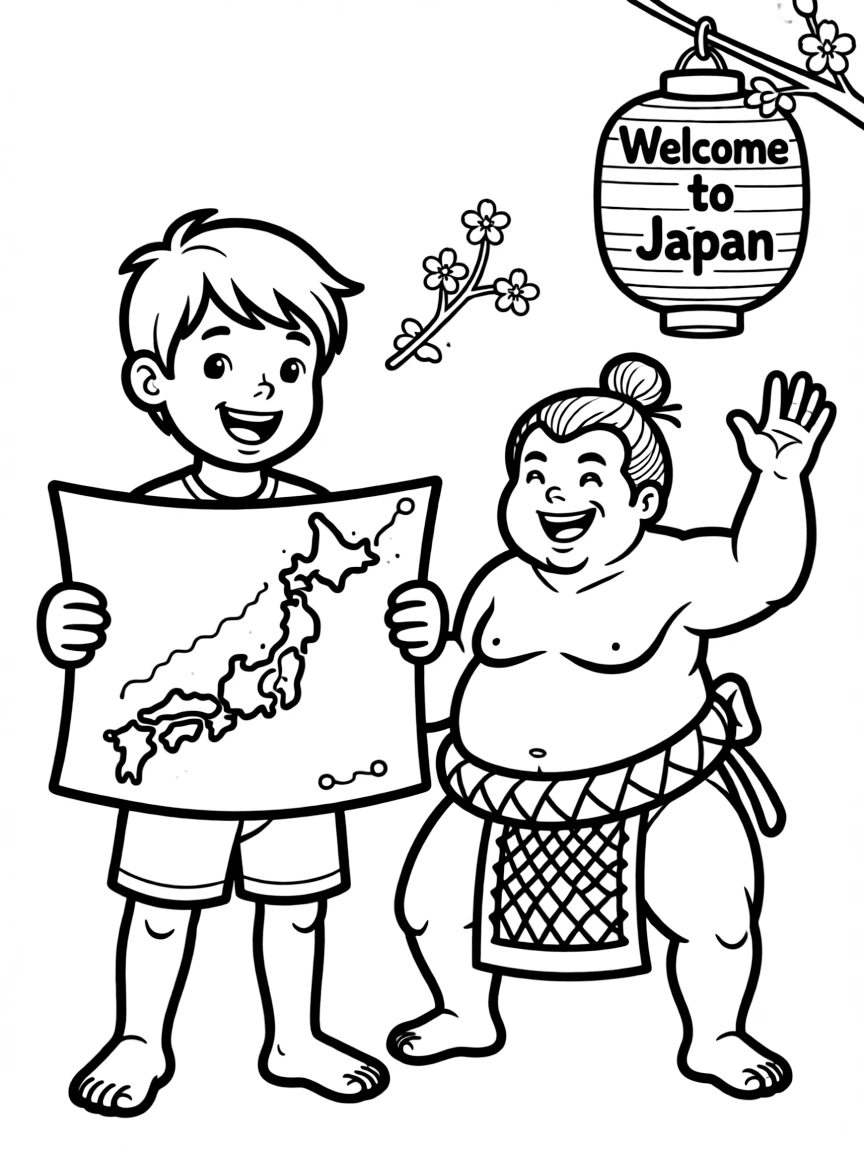 A happy child with a map of Japan and a sumo wrestler.