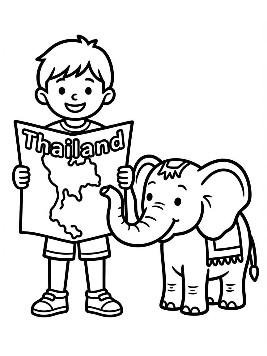 A smiling child with a map of Thailand and an elephant.