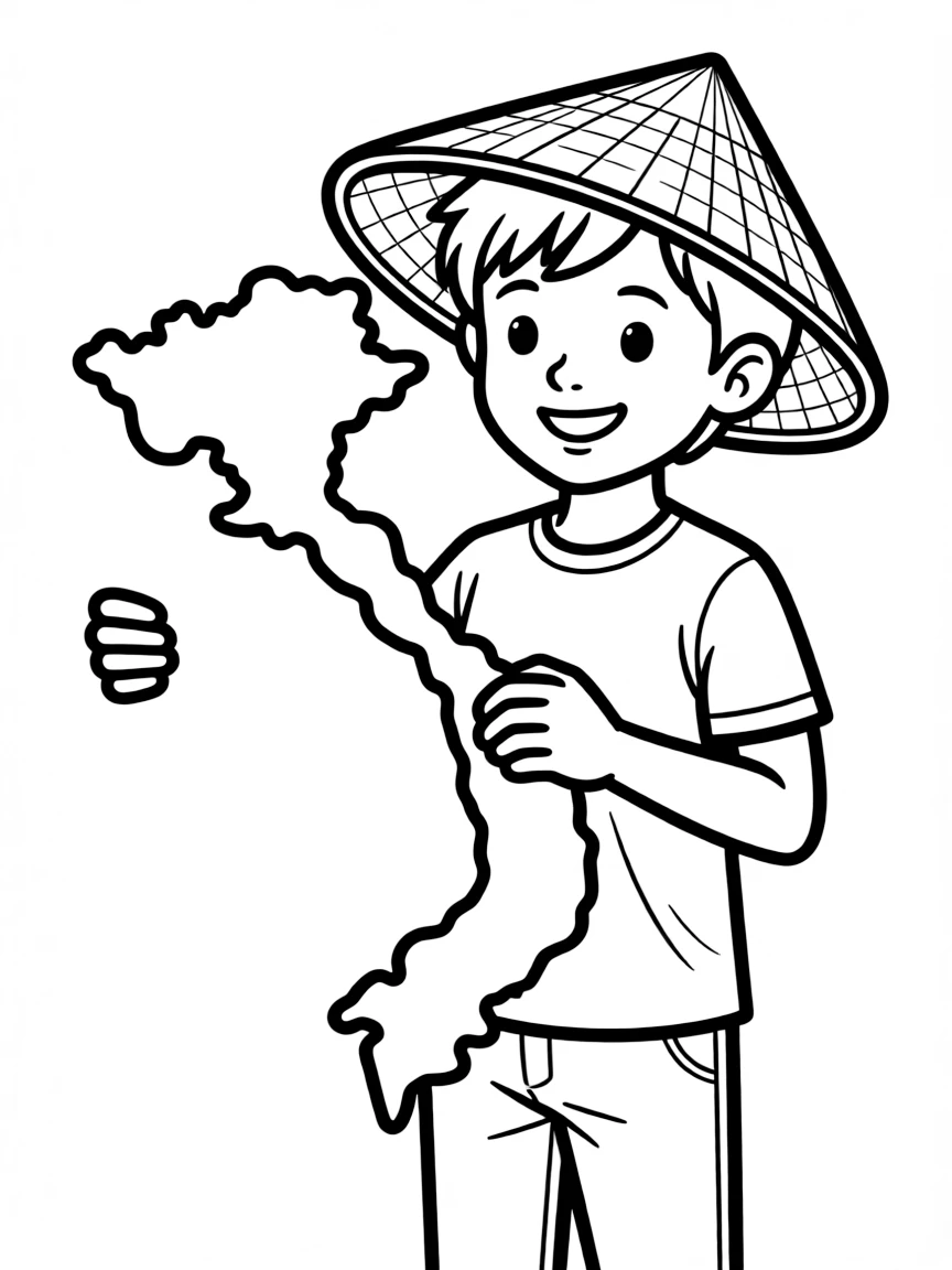 A happy child with a map of Vietnam and a traditional hat.