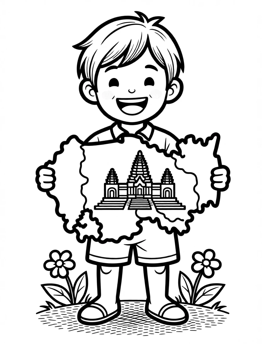 A cheerful child with a map of Cambodia and Angkor Wat.