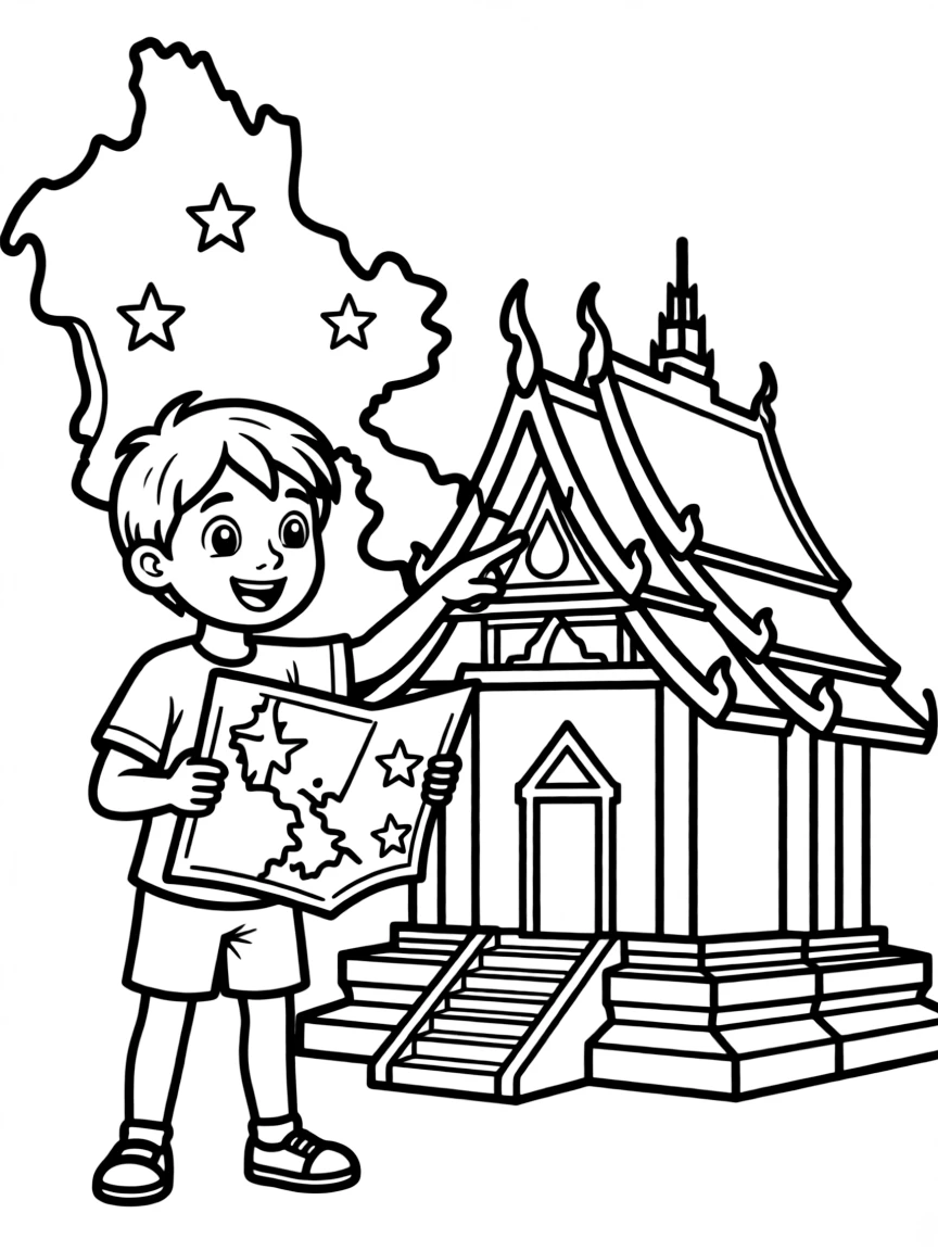 A child with a map of Laos and a temple.