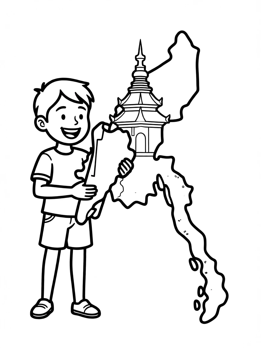 A smiling child with a map of Myanmar and a pagoda.