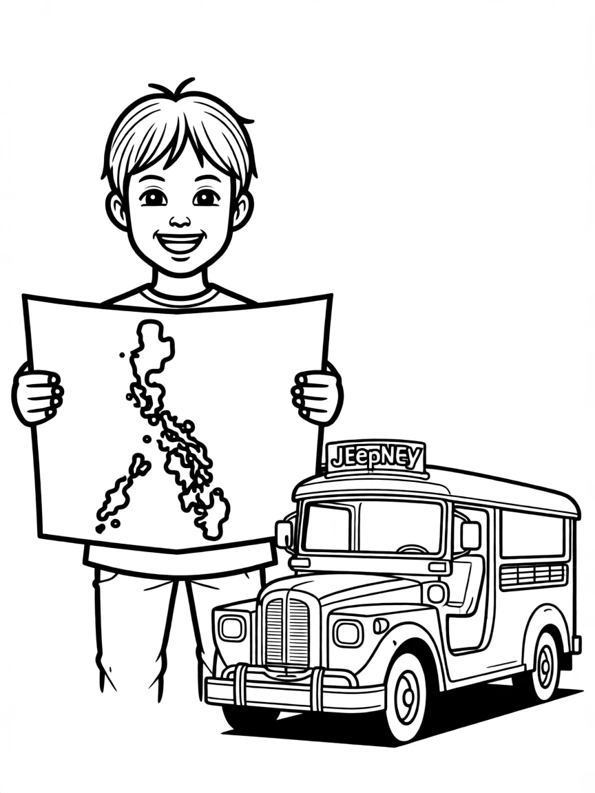 A happy child with a map of Philippines and a jeepney.