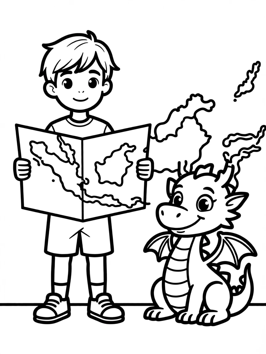 A cheerful child with a map of Indonesia and a dragon.