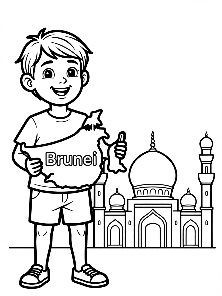 A smiling child with a map of Brunei and a mosque.