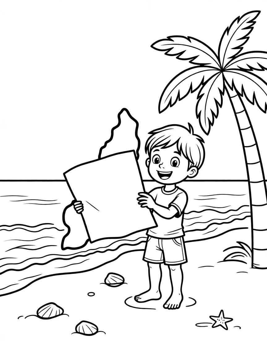A happy child with a map of East Timor and a beach.
