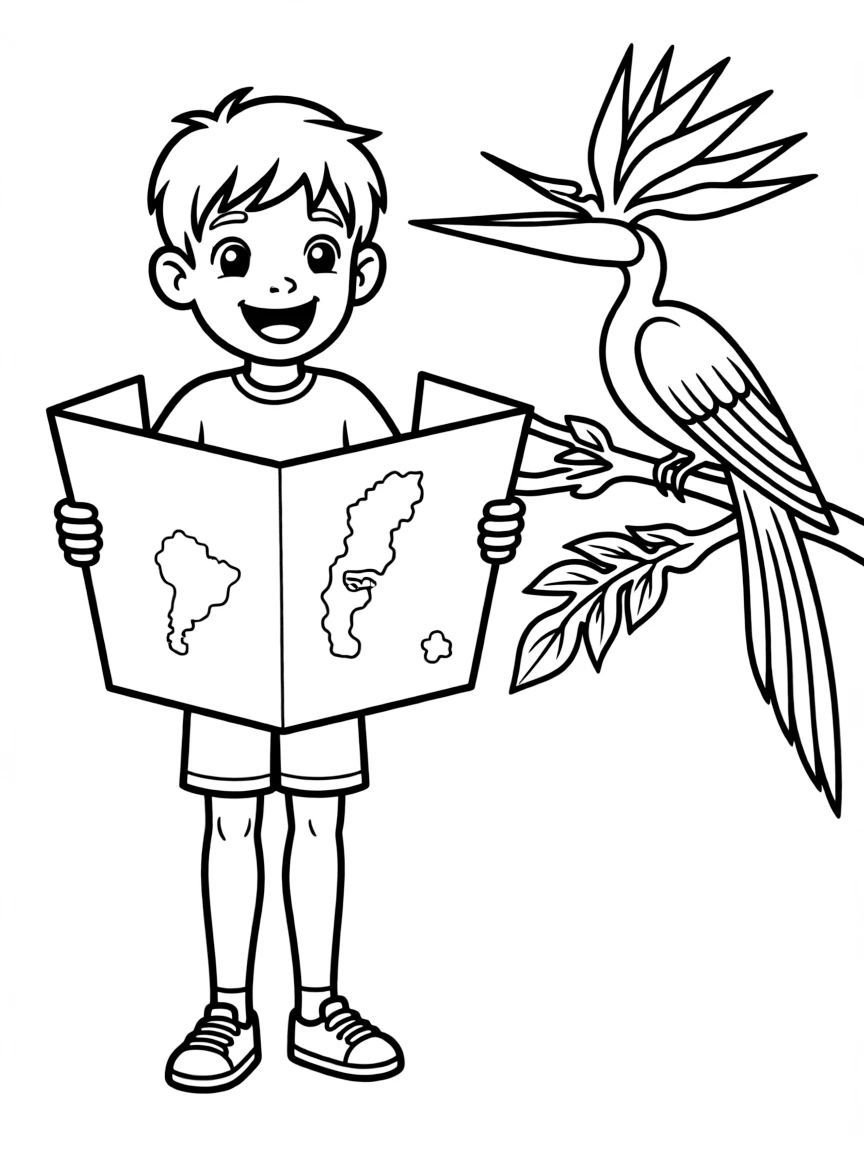 A cheerful child with a map of Papua New Guinea and a bird of paradise.