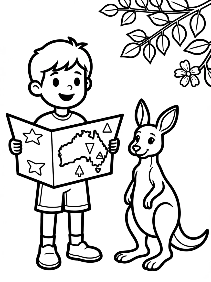 A child with a map of Australia and a kangaroo.