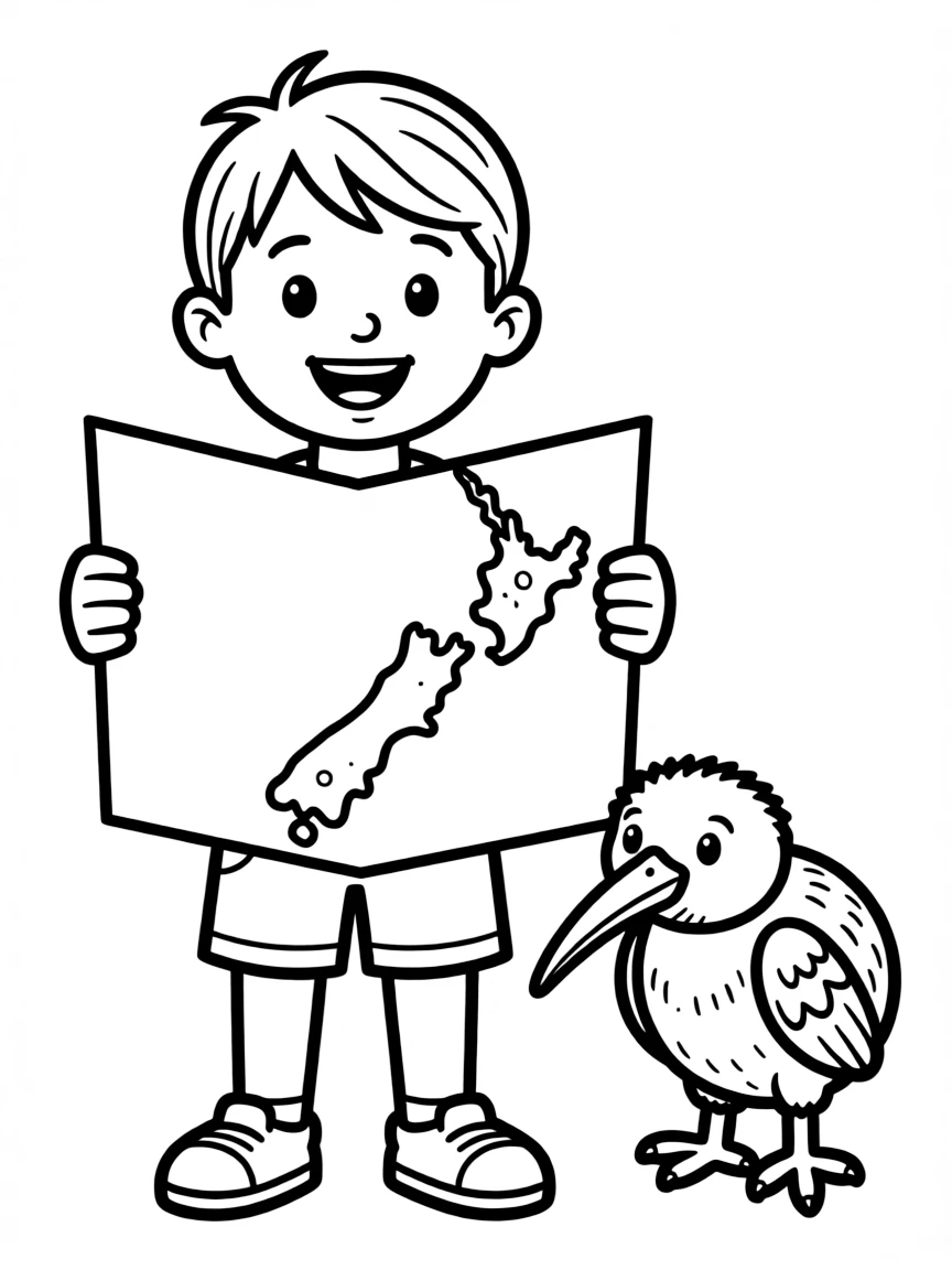 A smiling child with a map of New Zealand and a kiwi bird.