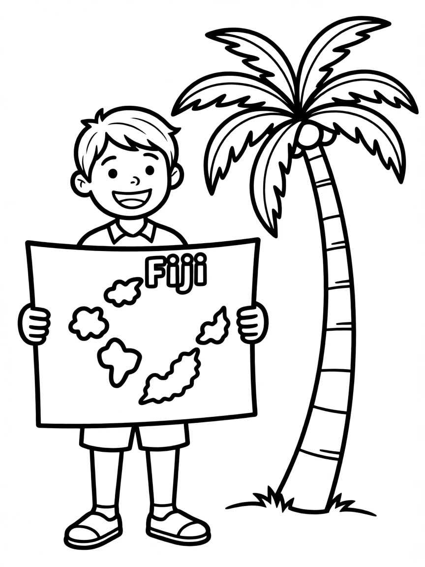 A happy child with a map of Fiji and a palm tree.