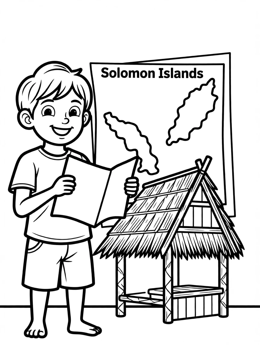 A cheerful child with a map of Solomon Islands and a traditional hut.